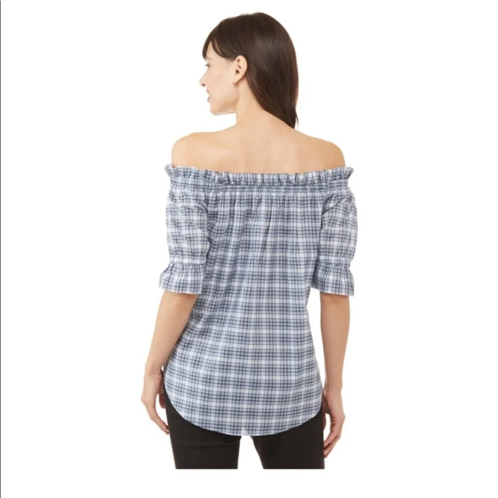 Michael Kors Women’s blue plaid off the shoulder cotton blouse